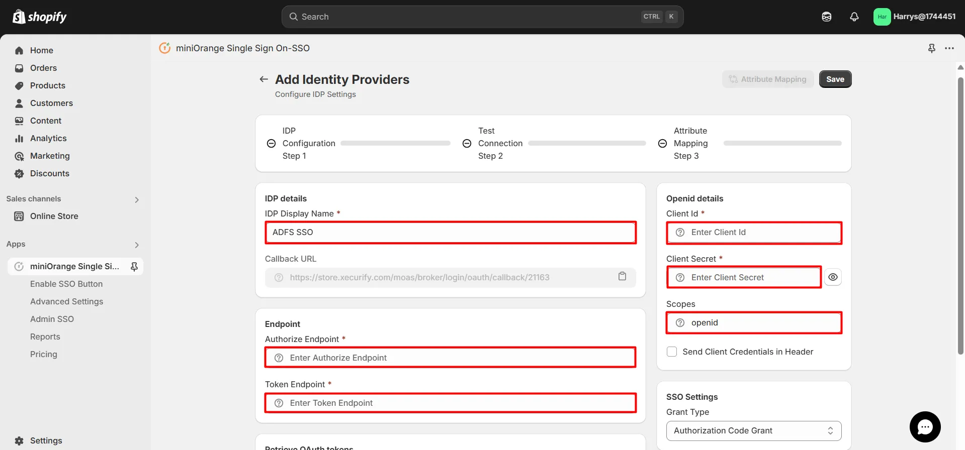 Shopify ADFS (OpenID) SSO - Fill in Client ID and Secret