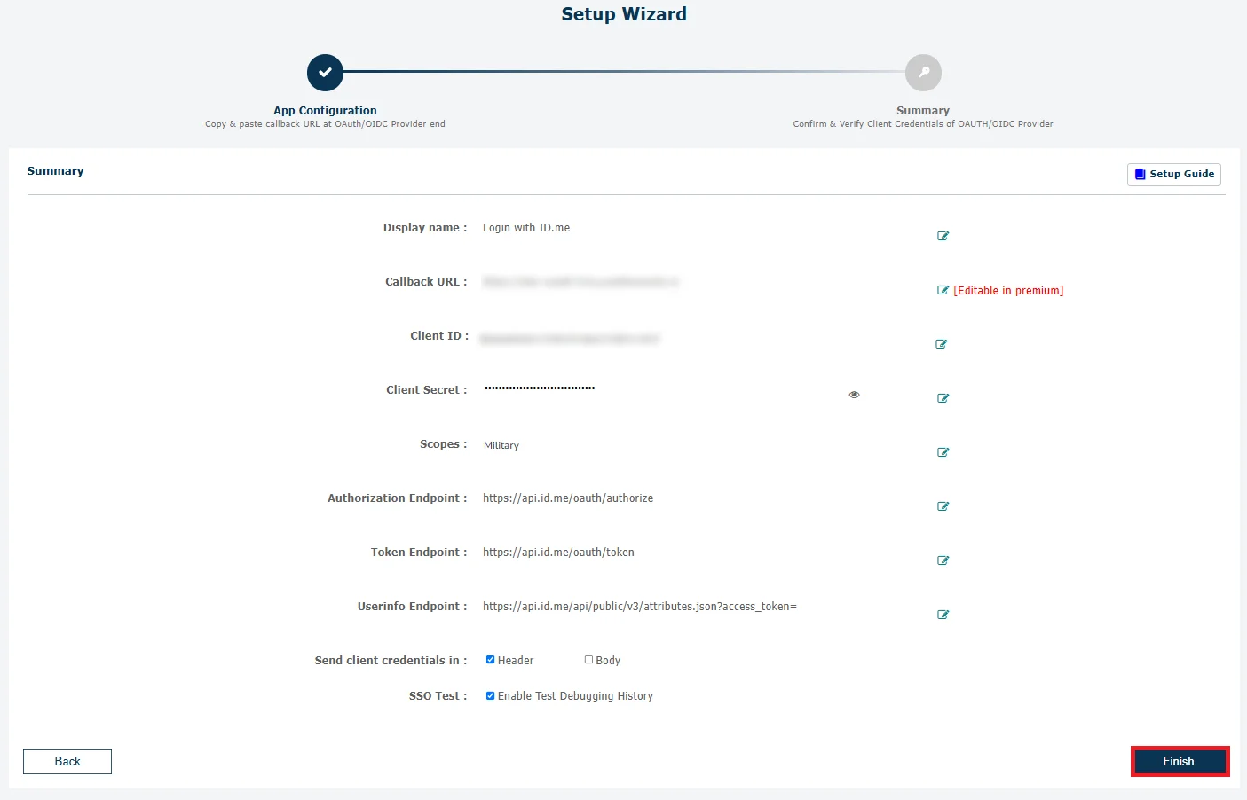 ID.me Single Sign-On (SSO) OAuth - Finish configuration