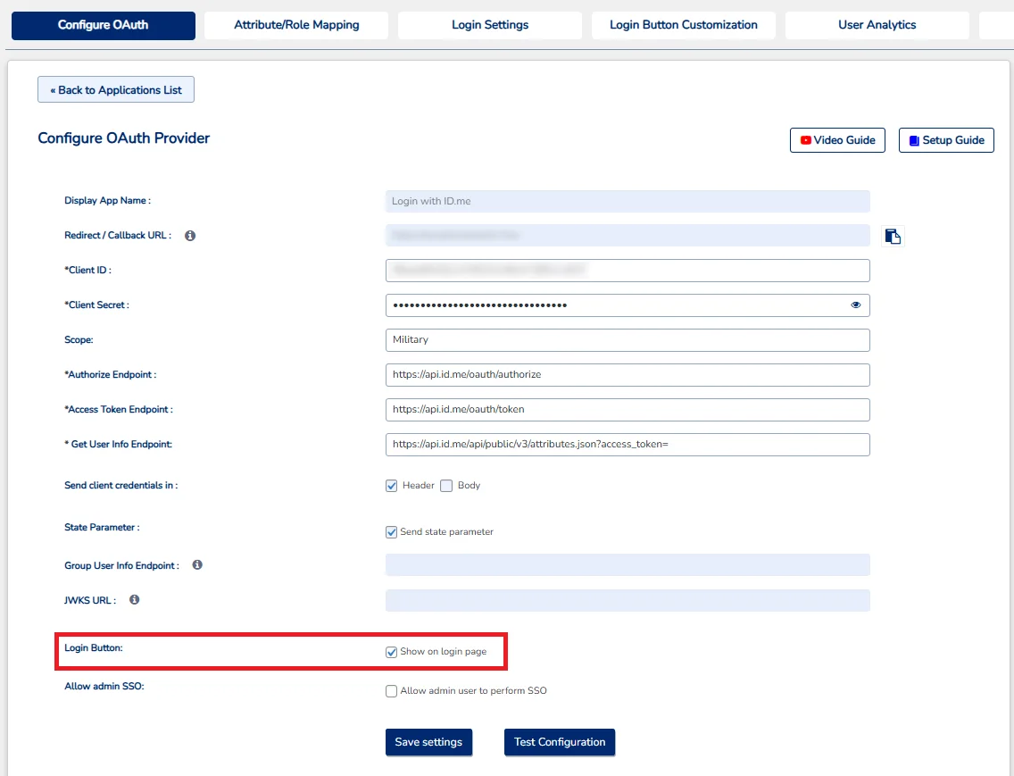 Configure ID.me SSO (Single Sign-On) - WordPress create-newclient login button setting