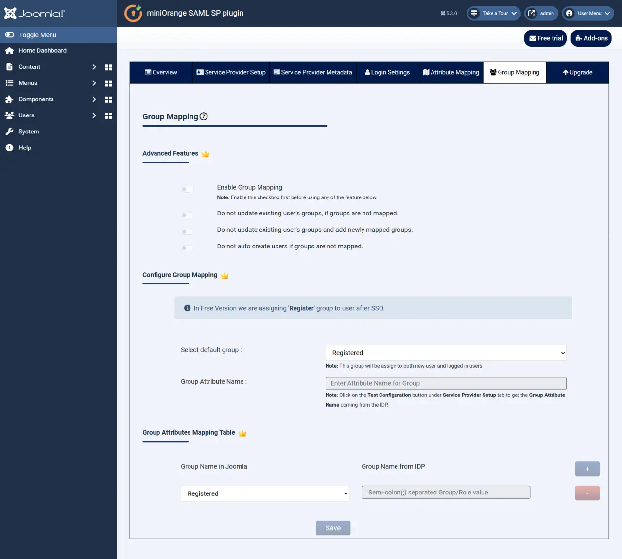 Joomla グループ マッピング