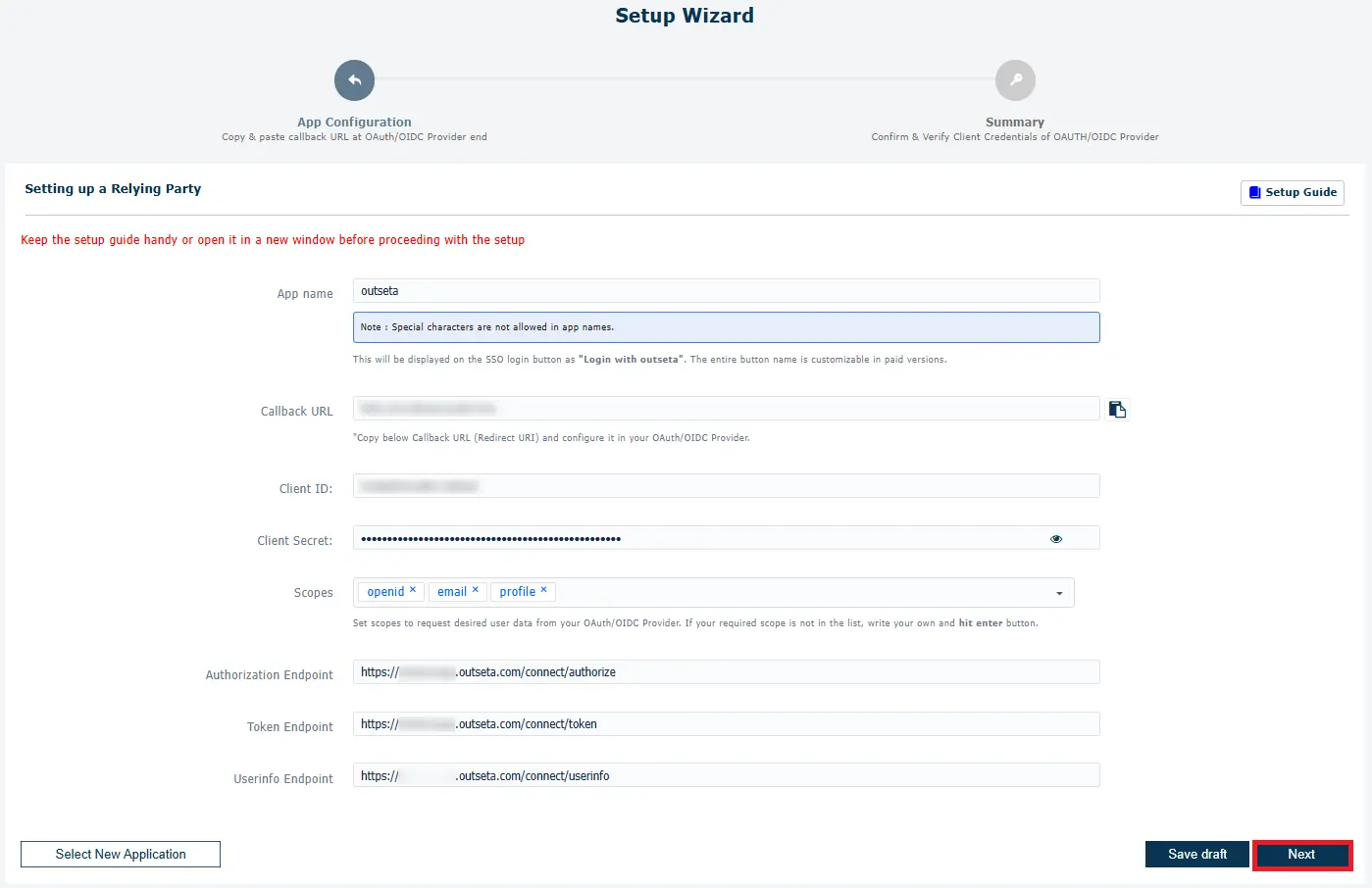WordPress Outseta SSO - Add App name, Client Credentials