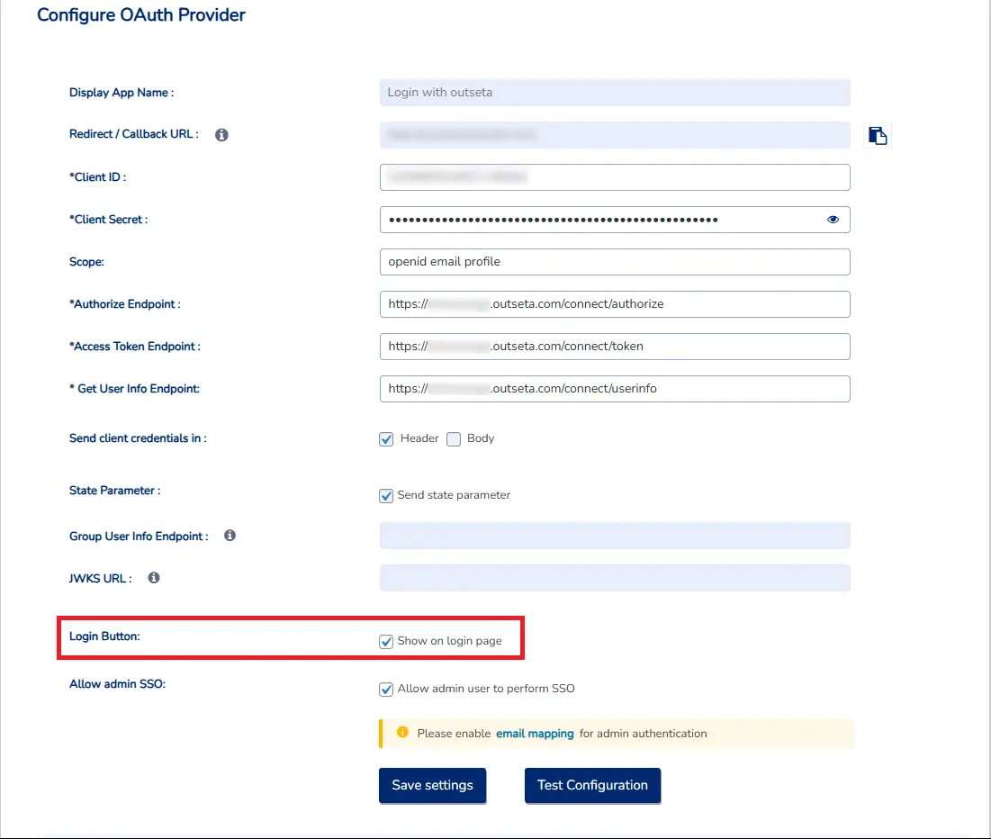 Outseta Single Sign-on (SSO) - Outseta OAuth - WordPress create-newclient login button setting