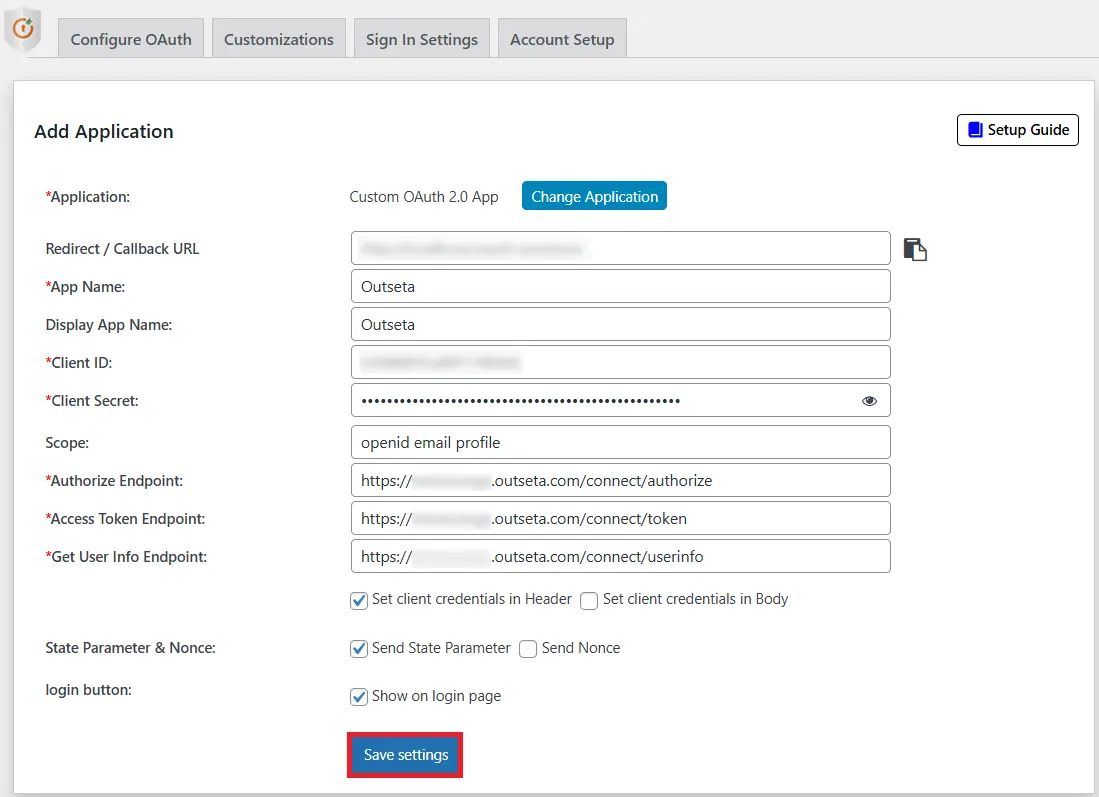 WordPress Outseta SSO - Add App name, TenantID