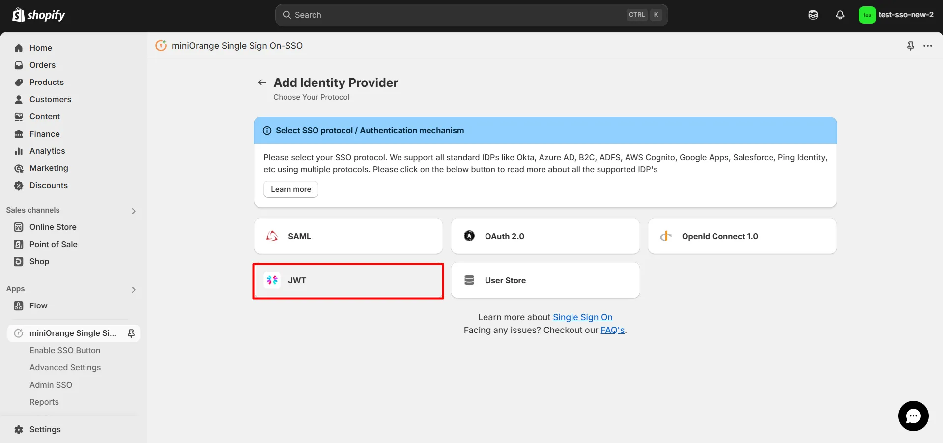 JWT Shopify SSO  - Shopify JWT SSO - Select JWT Protocol