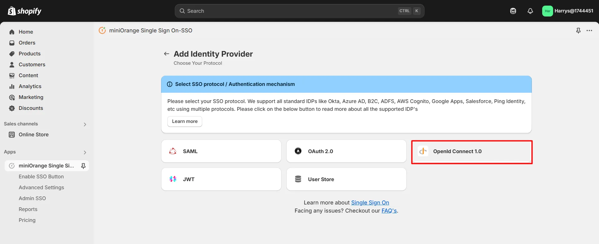 Shopify ADFS (OpenID) SSO - Select OAuth Protocol