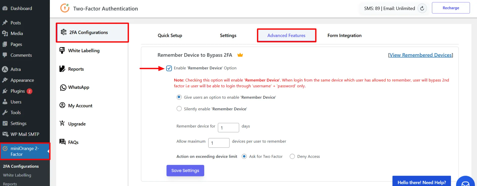 Two-Factor Authentication Remember Device - 2FA Configuration tab