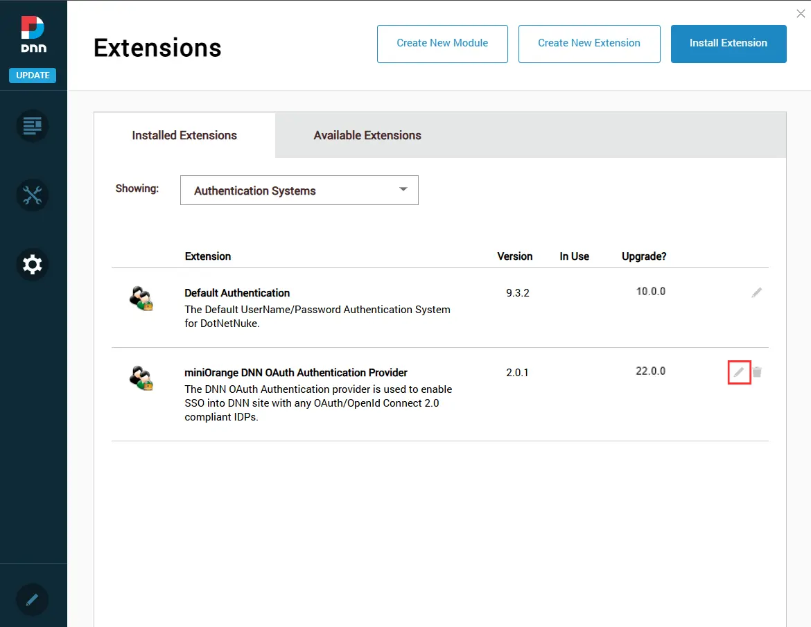 DNN OAuth SSO - Authentication Provider pencil icon