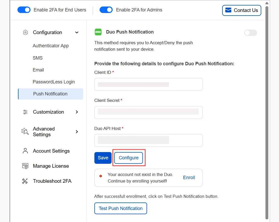 DotNetNuke Two Factor Authentication (2FA) using Duo Push Notification - Enter Integration and API key