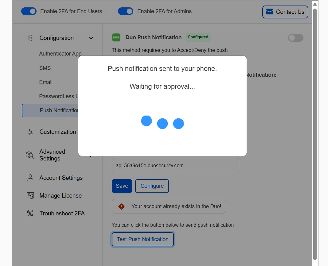 DotNetNuke Two Factor Authentication (2FA) using Duo Push Notification - Push Notification sent successfully on mobile