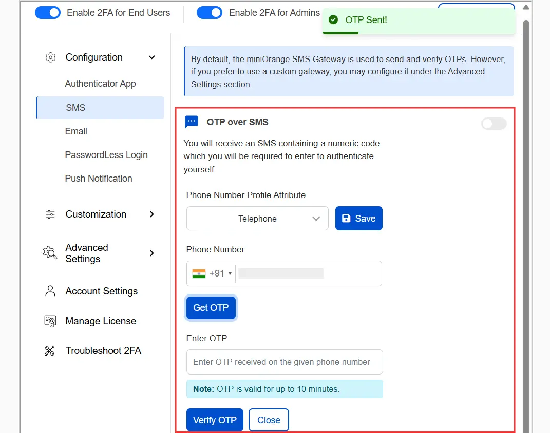 DotNetNuke Two Factor Authentication (2FA) for OTP over SMS | DotNetNuke 2FA | DNN 2FA - Enter phone number