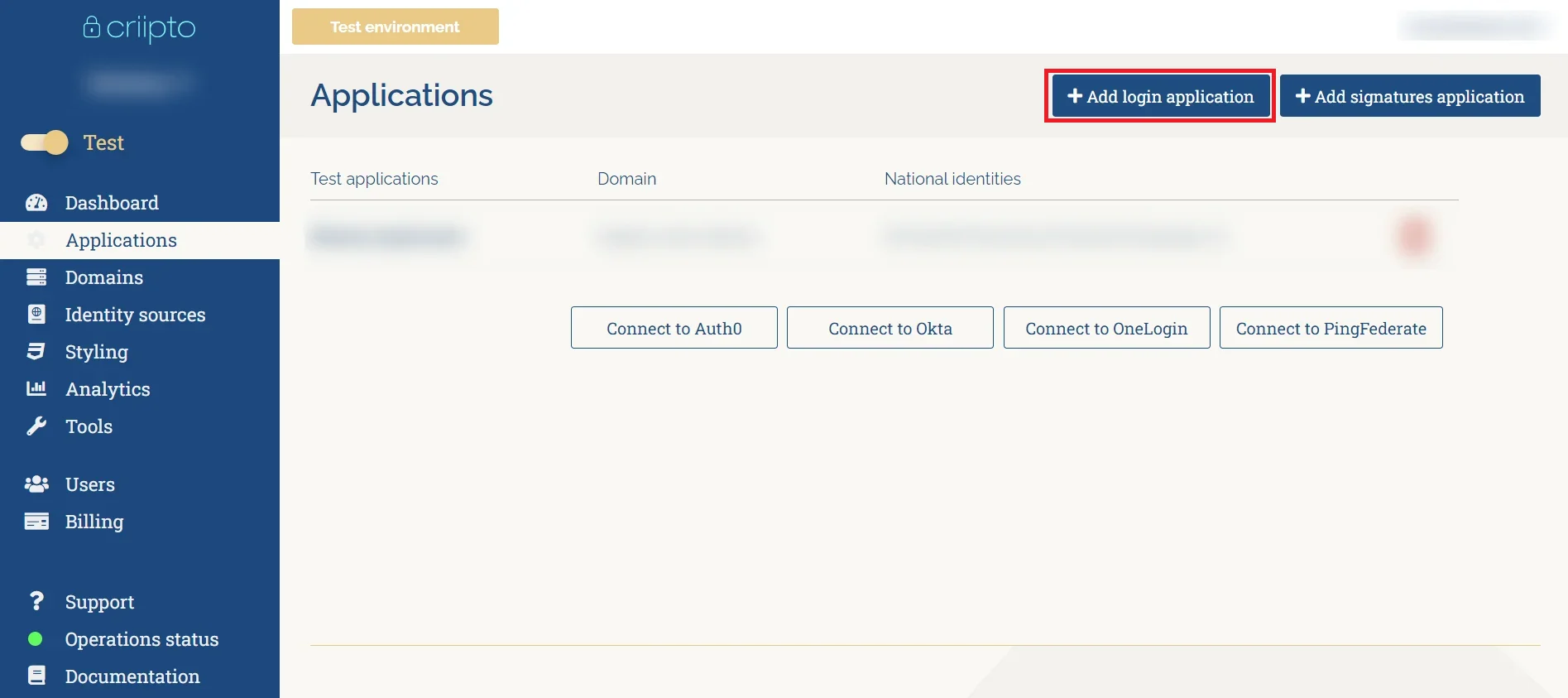 Criipto SSO login - BankId/Mitid login - Add/Connect new application