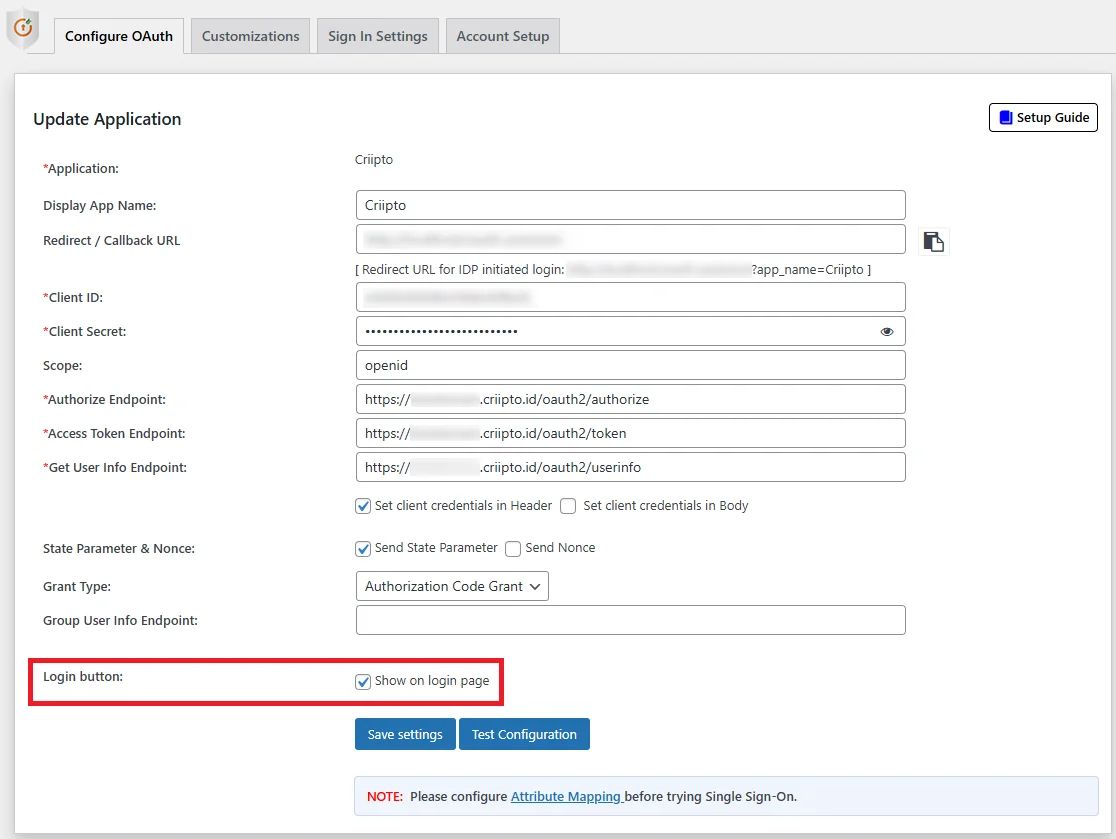 Criipto SSO login - BankId/Mitid login - Criipto OAuth - WordPress create-newclient login button setting