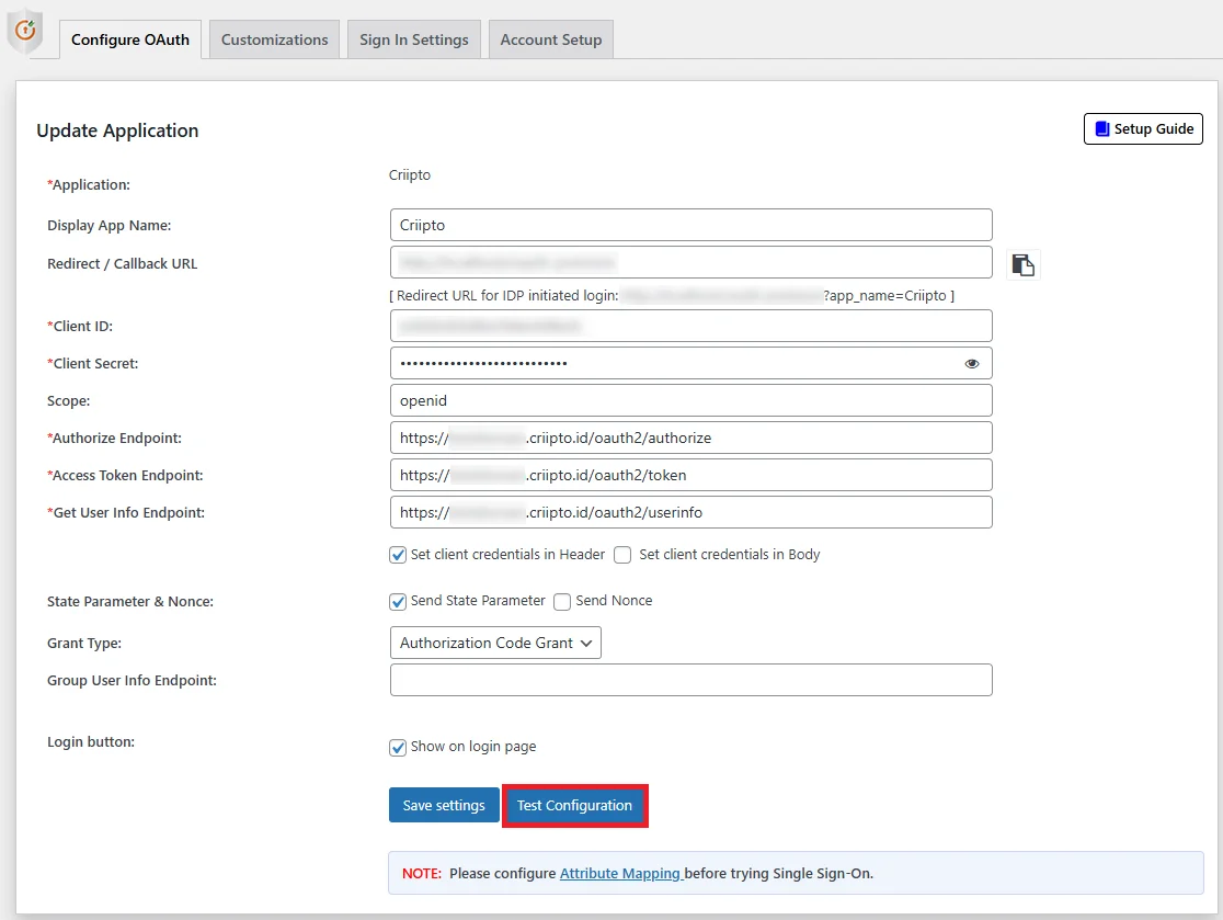 Criipto SSO login - BankId/Mitid login - OAuth Test Configuration