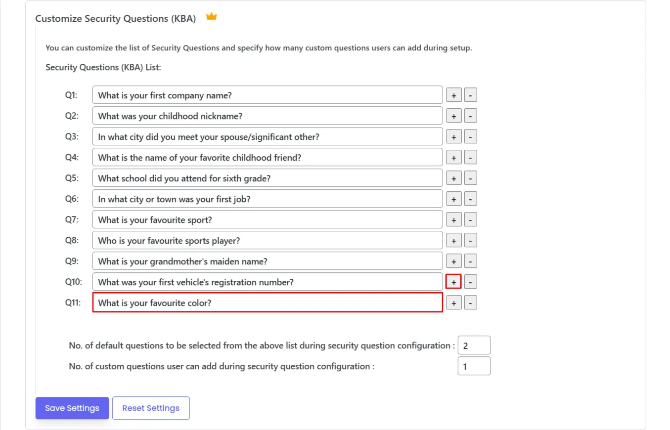 KBA Security Questions - Click plus button