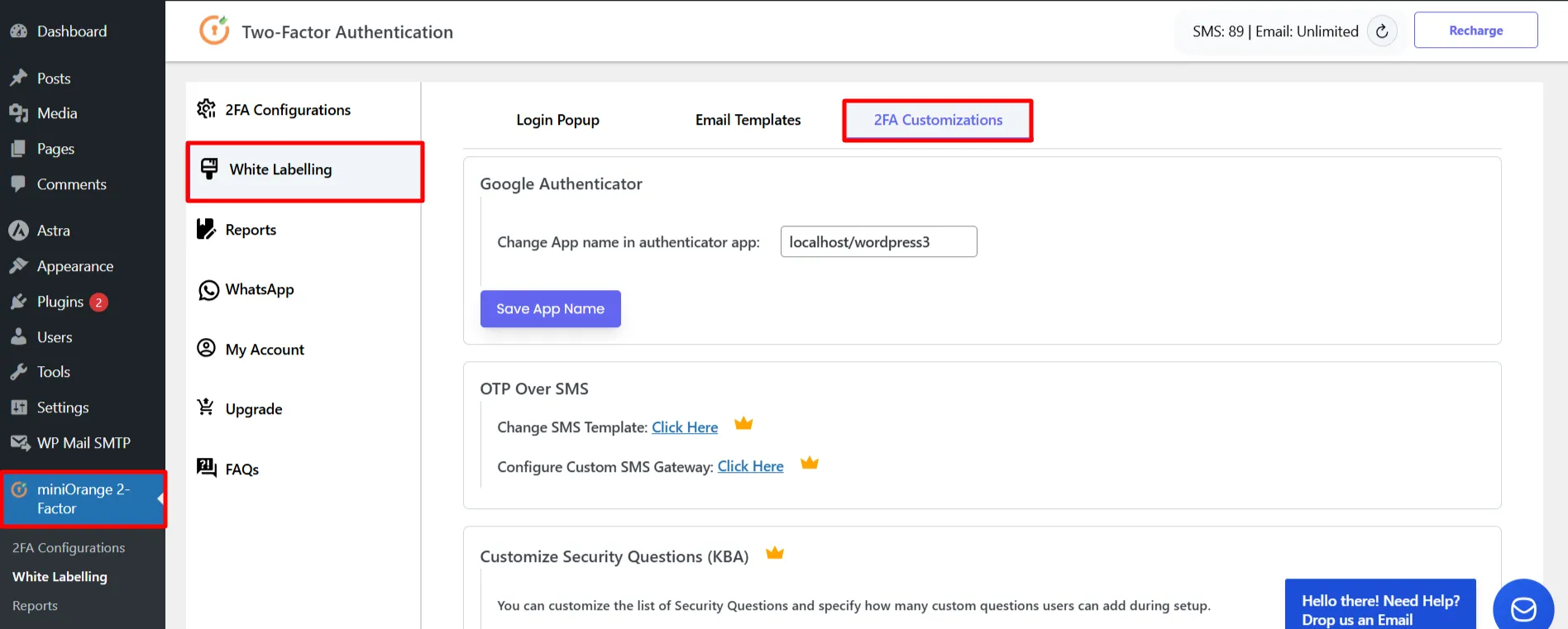 Custom Security Questions KBA - White Labelling Tab