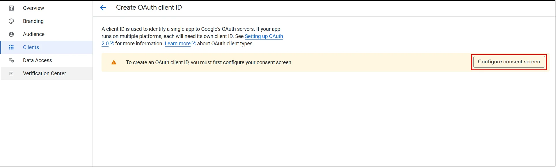 Google Apps SSO - Click on the CONFIGURE CONSENT SCREEN