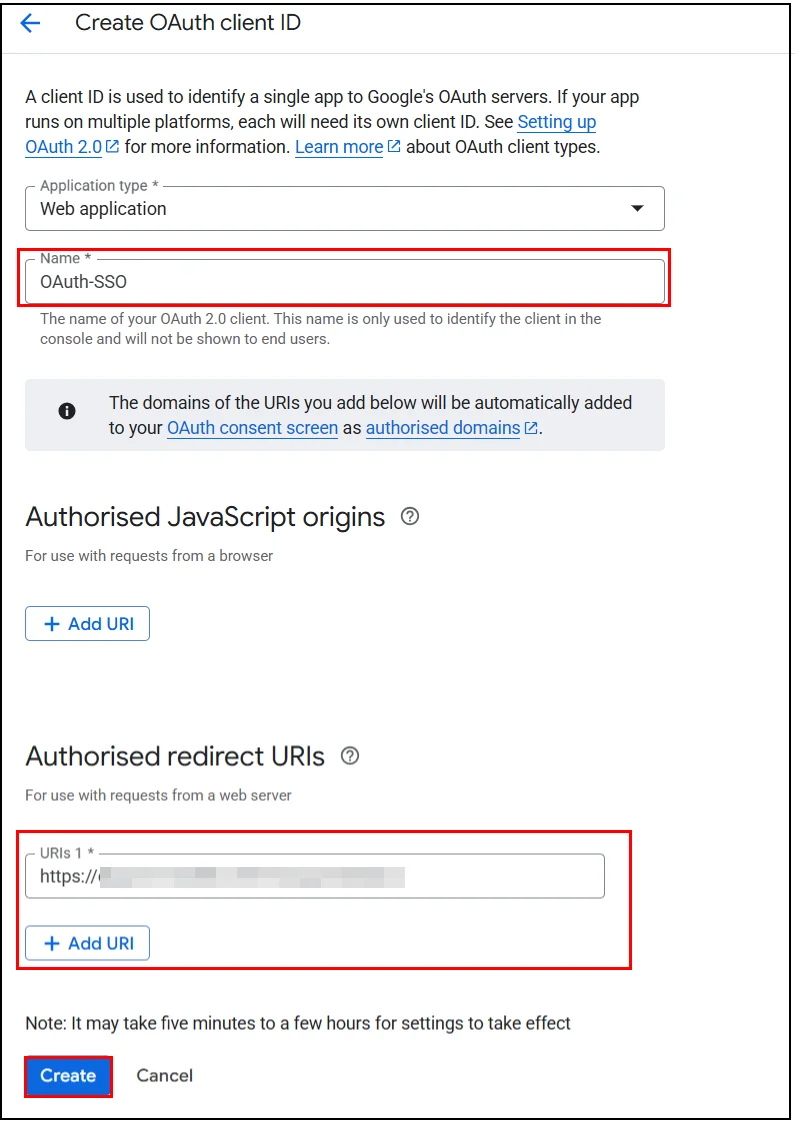 Google Apps SSO - In the Create OAuth client ID window, enter required information