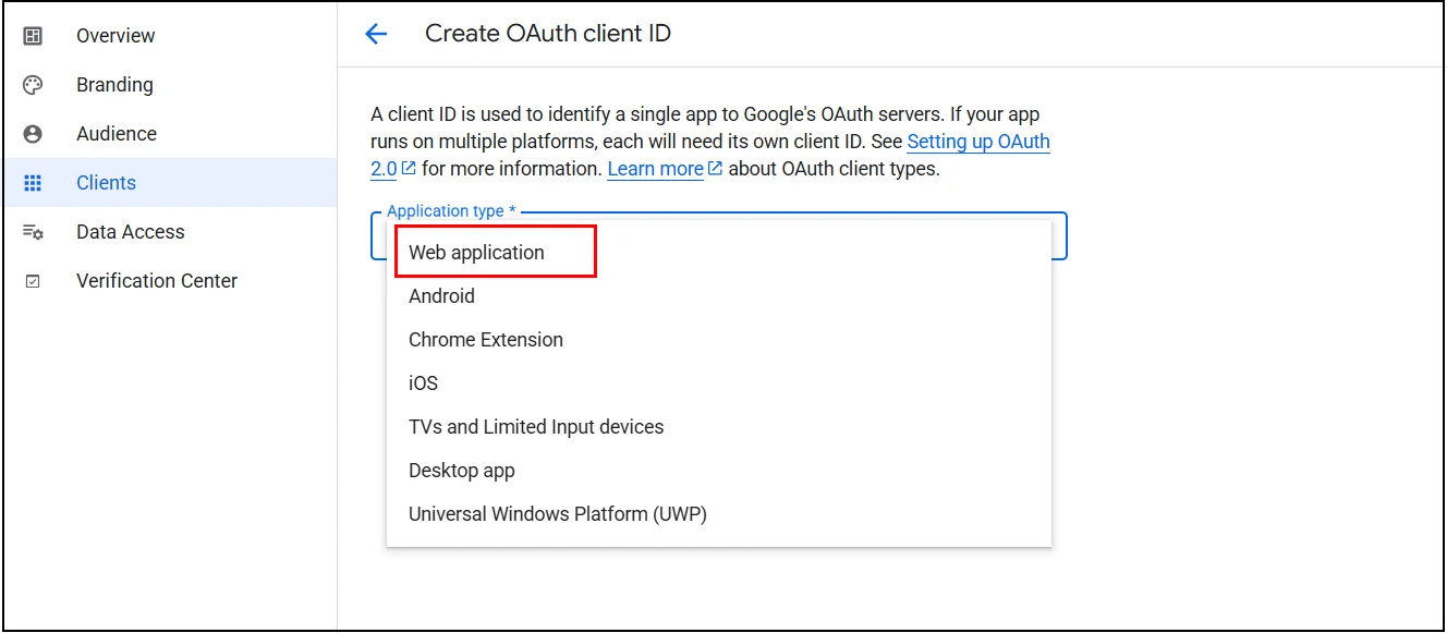 Google Apps SSO - select web application 