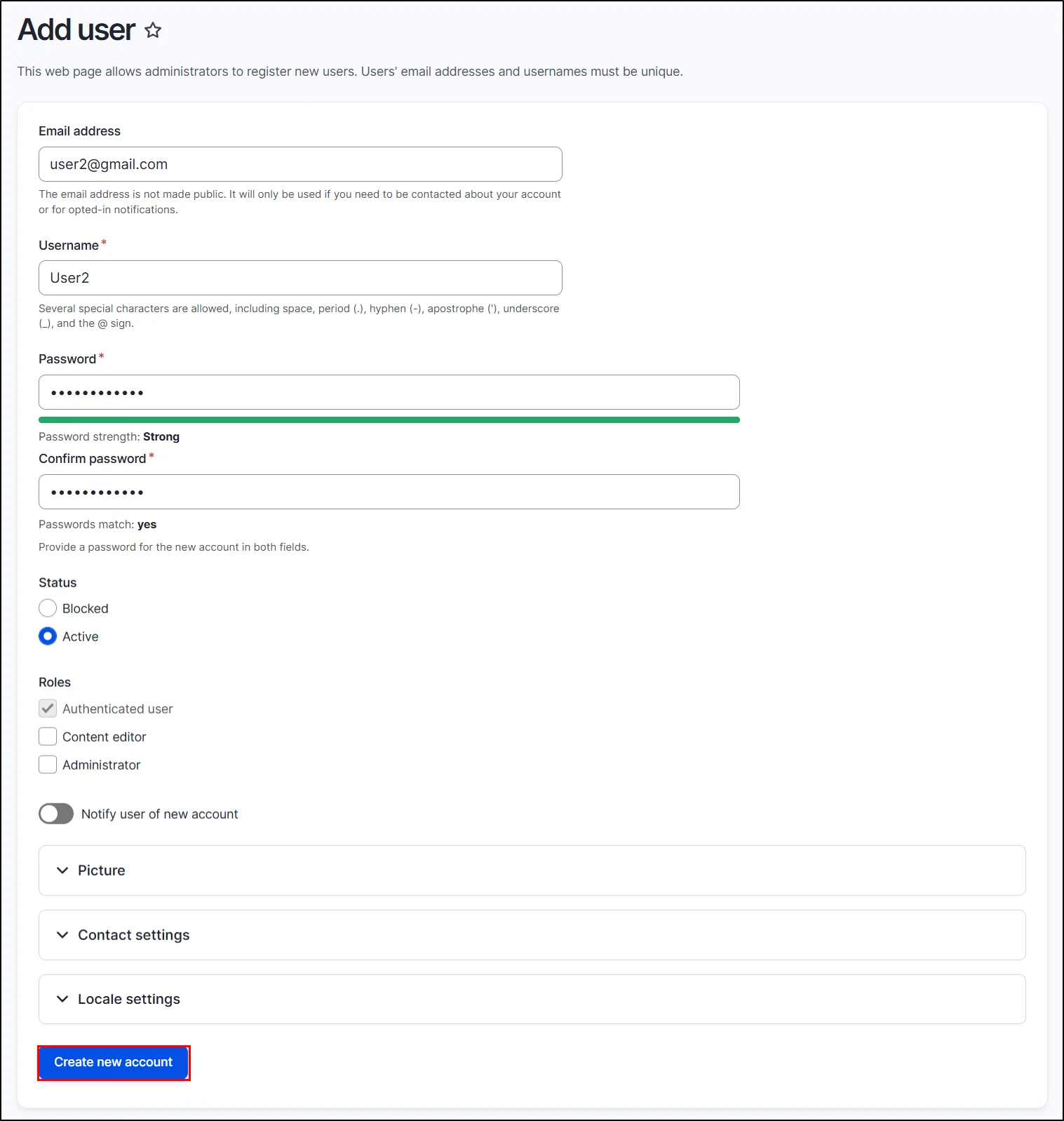 Drupal user provisioning - Enter user details