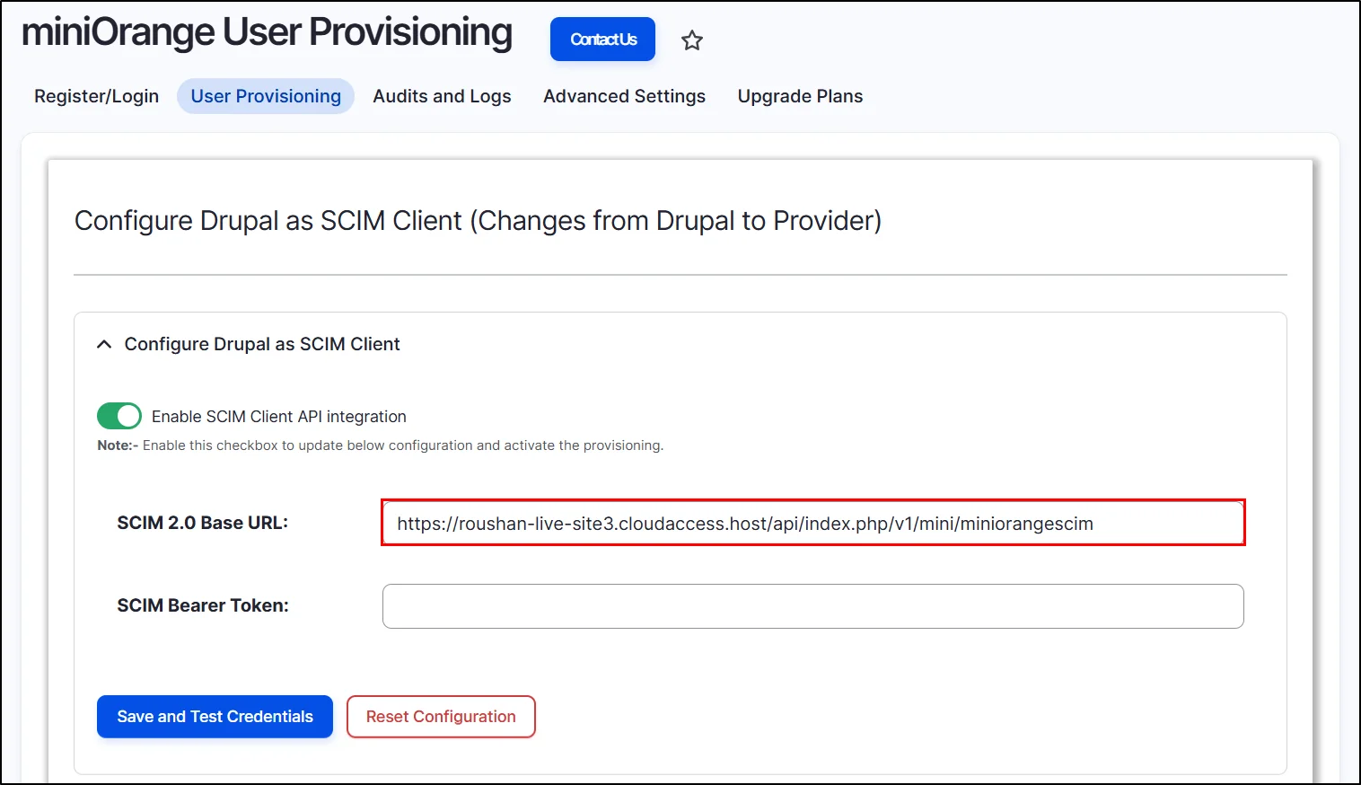 Drupal user provisioning - Paste SCIM base URL