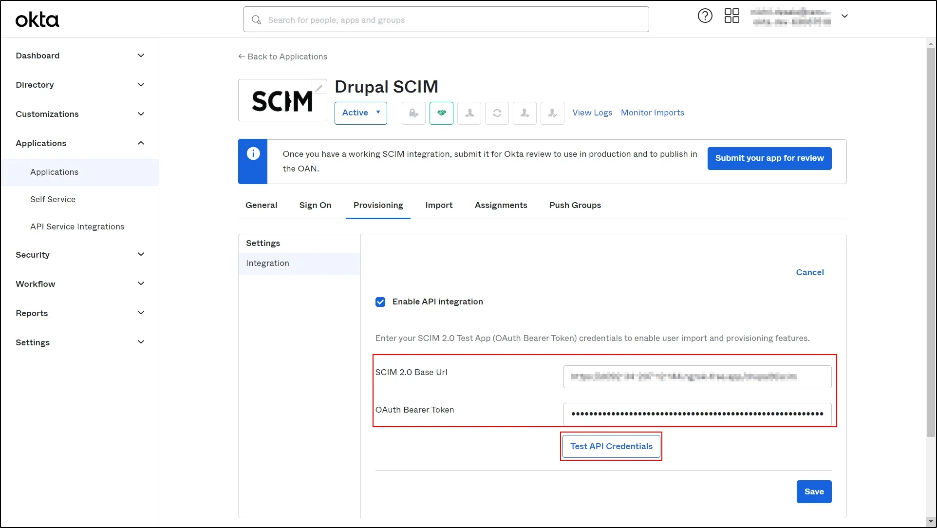 Okta-SCIM-Client-Paste-SCIM-bearer-token