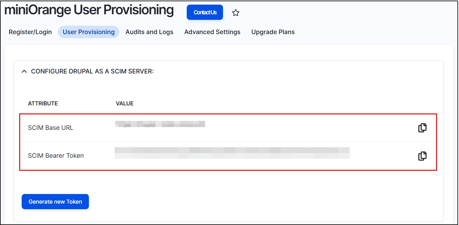 Drupal User Provisioning and Sync - Copy the SCIM Base URL and SCIM Bearer Token