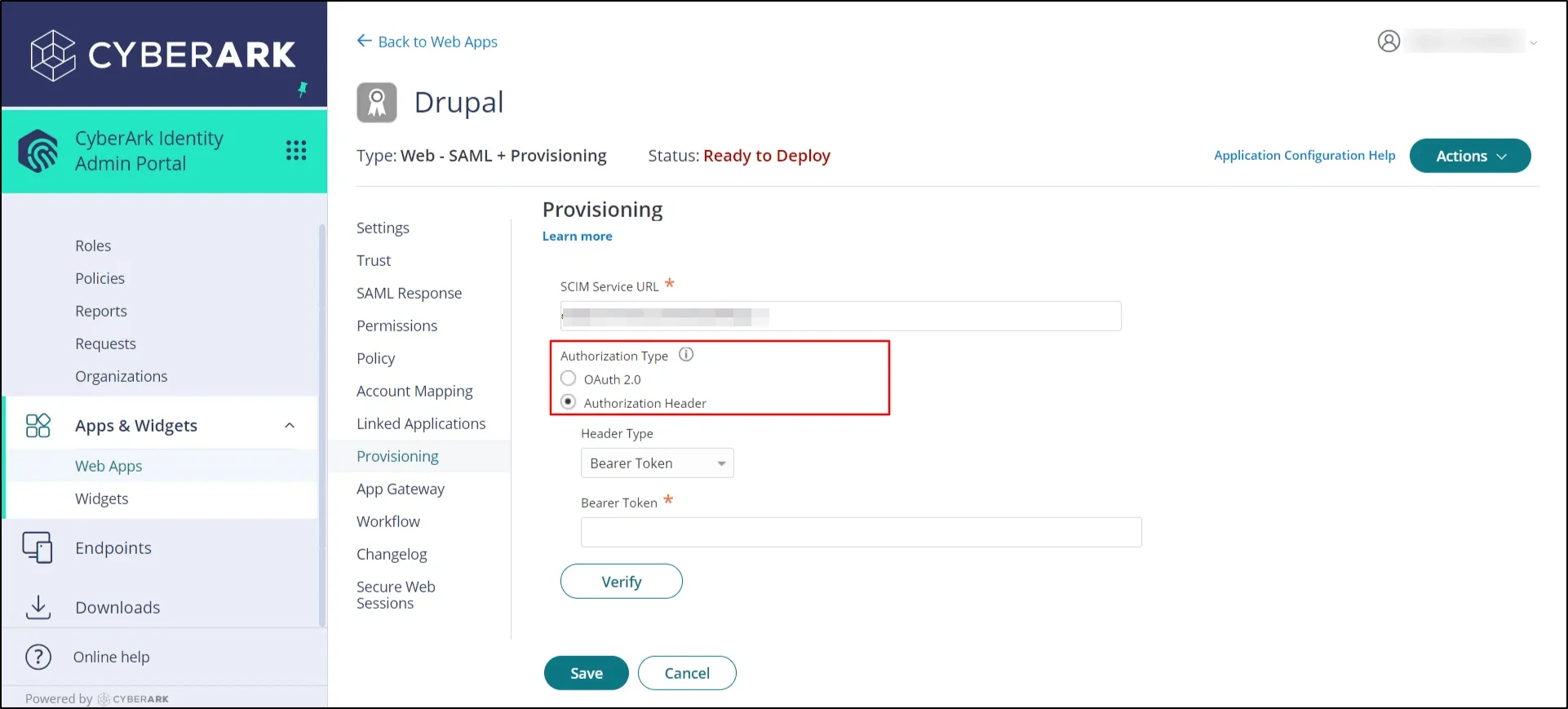 cyberark cross domain provisioning (scim) - enter authorization type