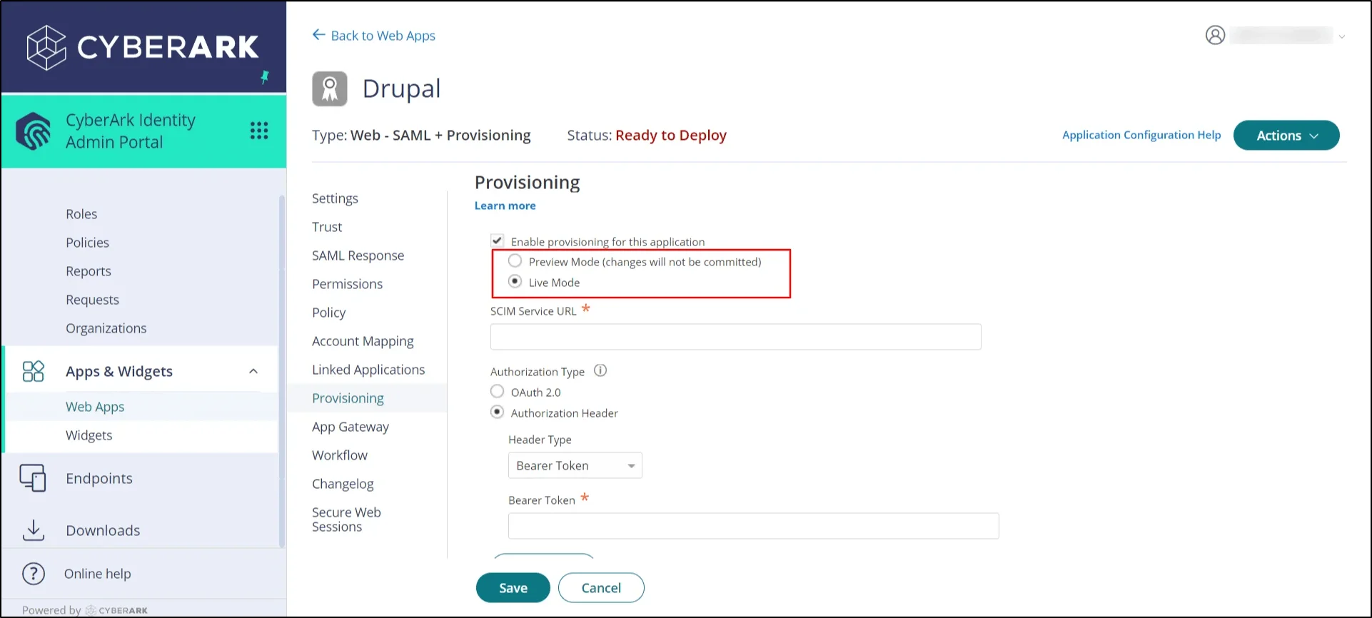 cyberark cross domain provisioning (scim) - select preview and live mode