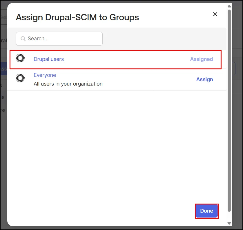 Drupal-Okta-provisioning-group-assigned