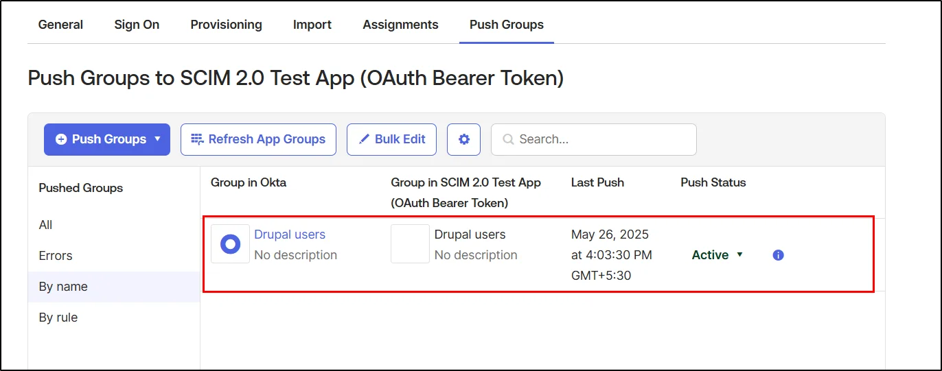 Drupal-Okta-provisioning-successfully pushed group