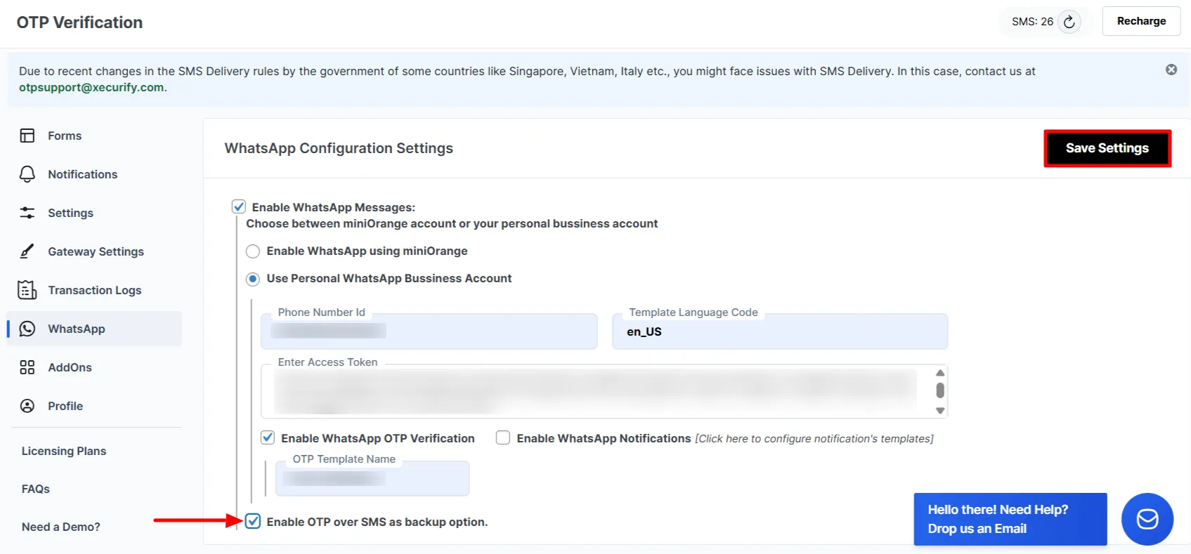 WhatsApp OTP Verification - Enable Fallback OTP Over SMS