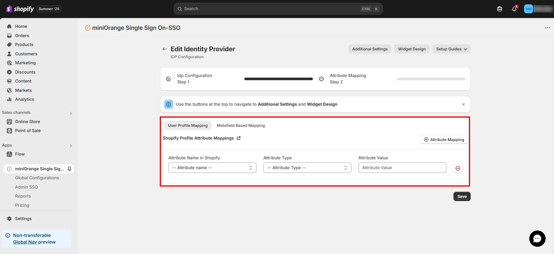 authentication via api into shopify - attribute mapping section