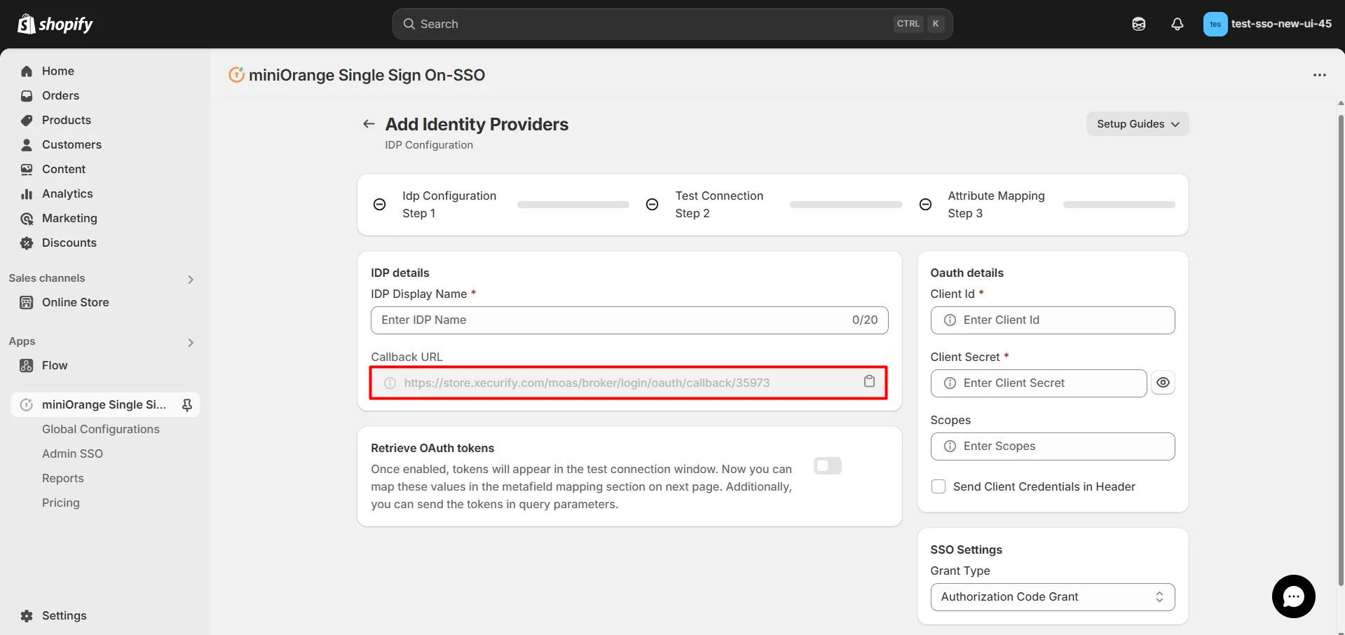 Copy Callback URL from SSO App