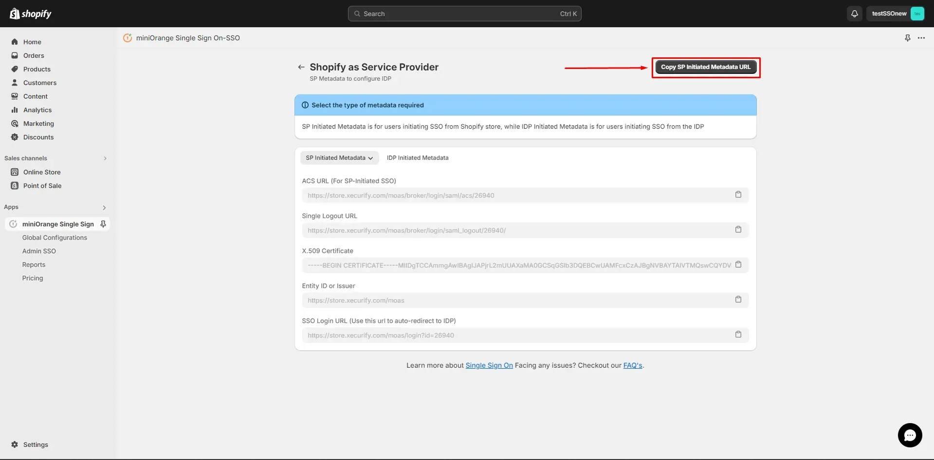 Shopify Wordpress SSO SAML - SP Initiated metadata