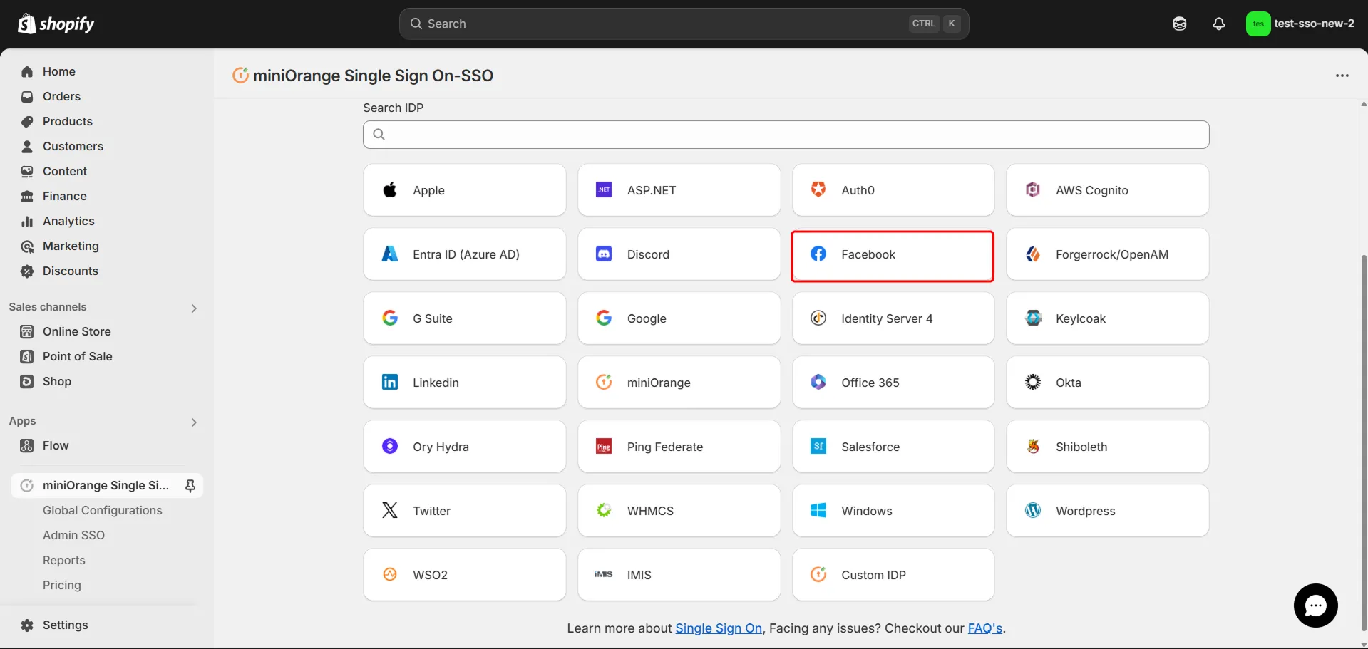 Shopify Facebook SSO - Choose  Facebook as IDP