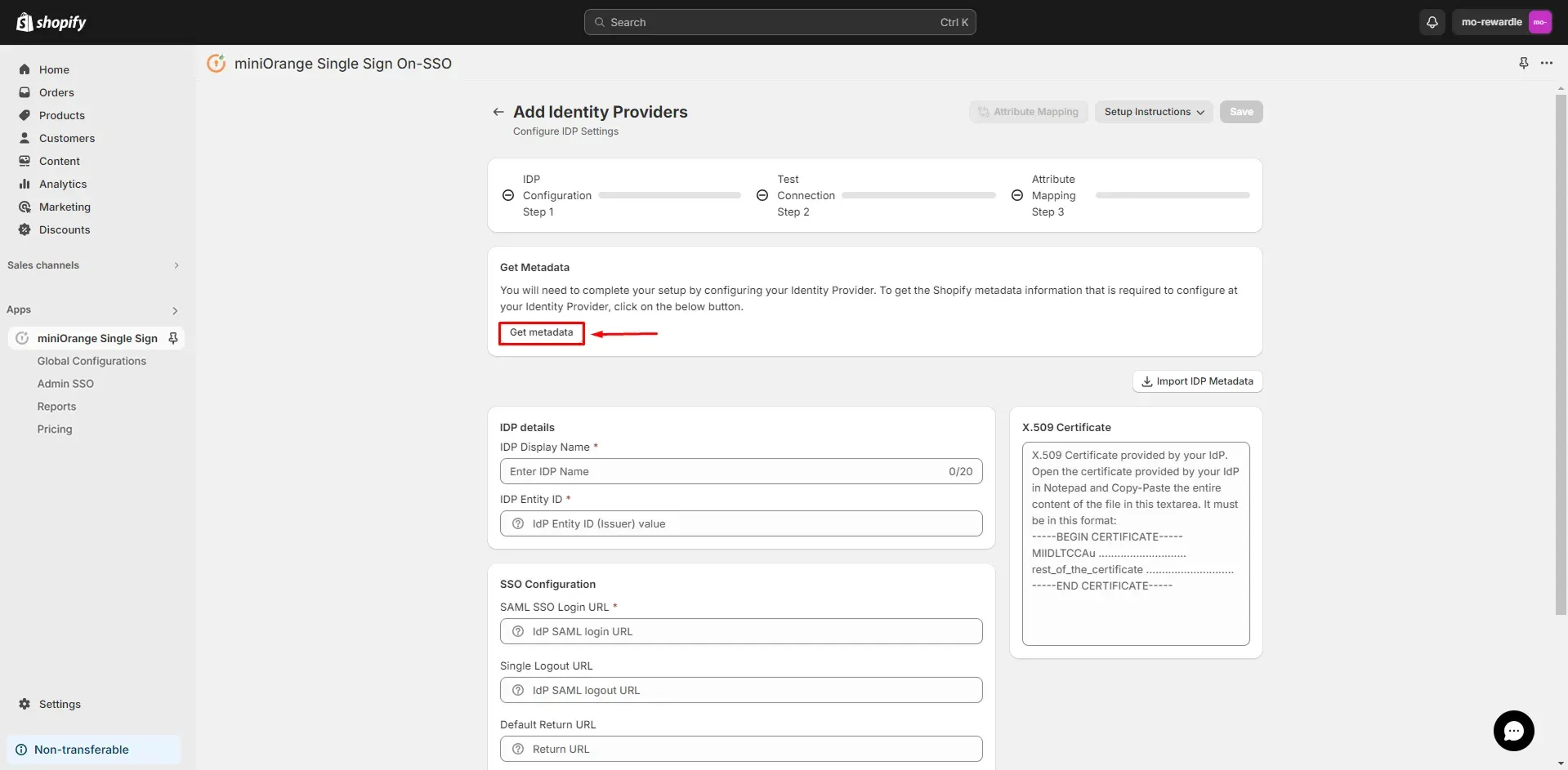 Shopify Wordpress SSO SAML - get Service Provider Metadata