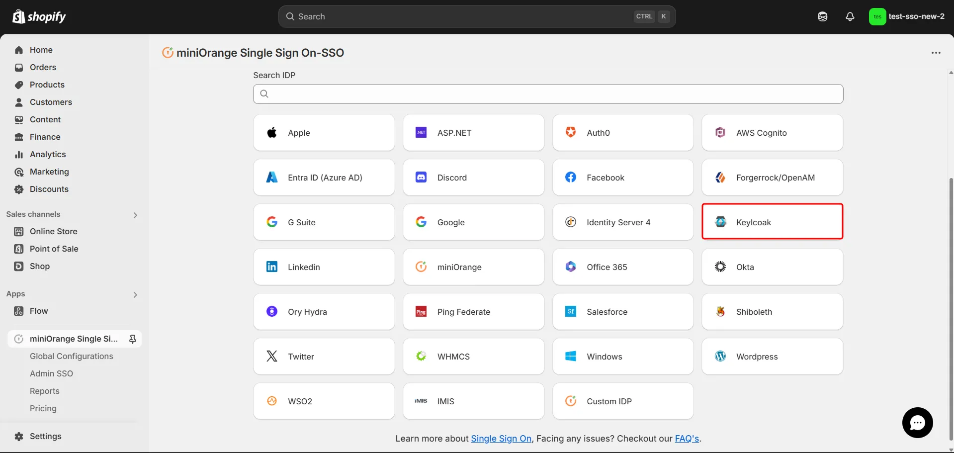 Shopify Keycloak Login SSO - Select Keycloak as identity provider
