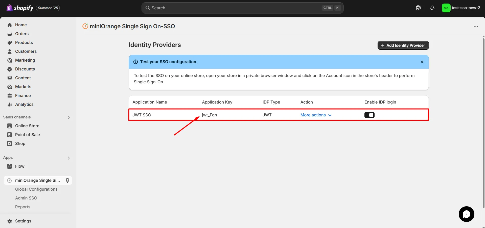 JWT Shopify SSO  - Shopify JWT SSO - locate the Application Key field