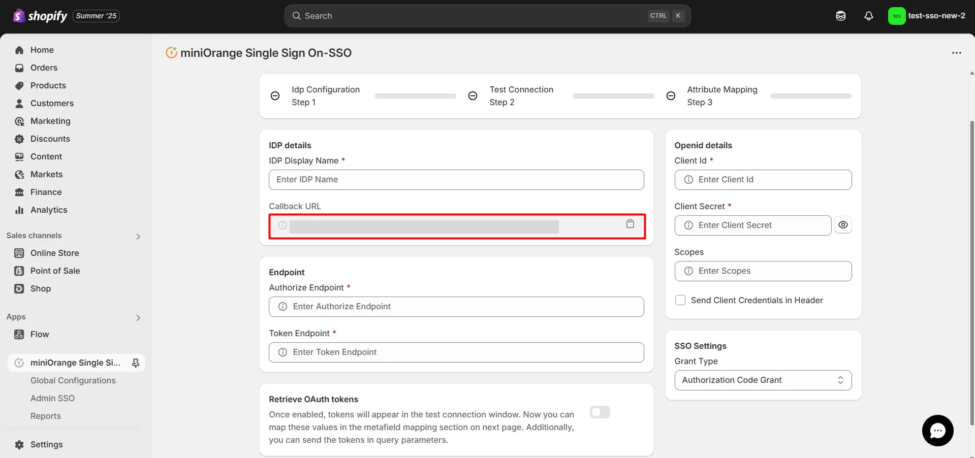 Copy Callback URL from SSO App