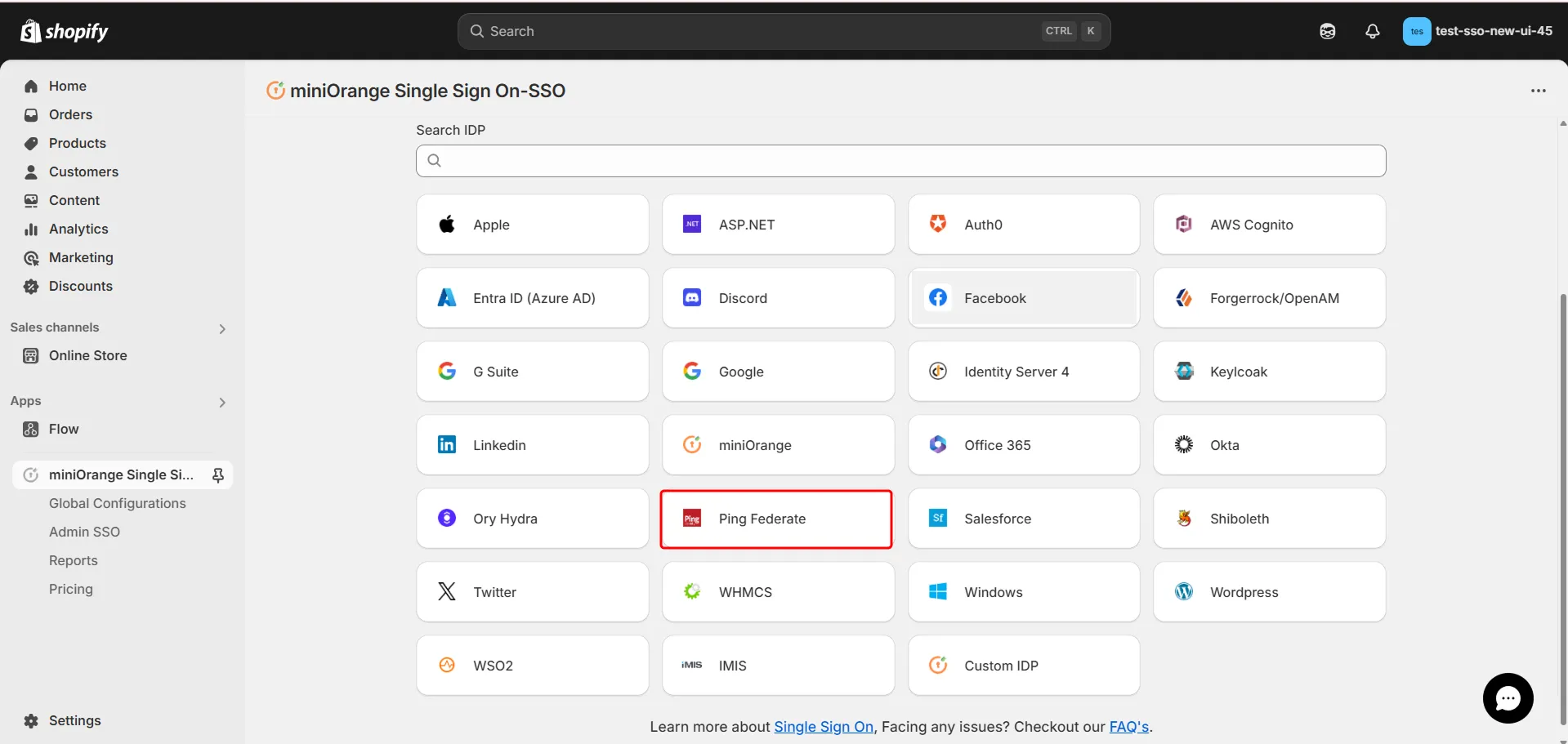 Shopify PingFederate SSO Login - Select PingFederate as identity provider