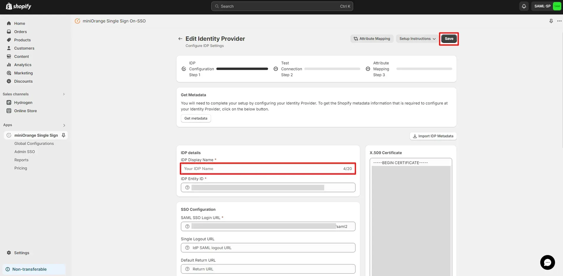 Shopify Wordpress SSO SAML -  Add appropriate IDP Name