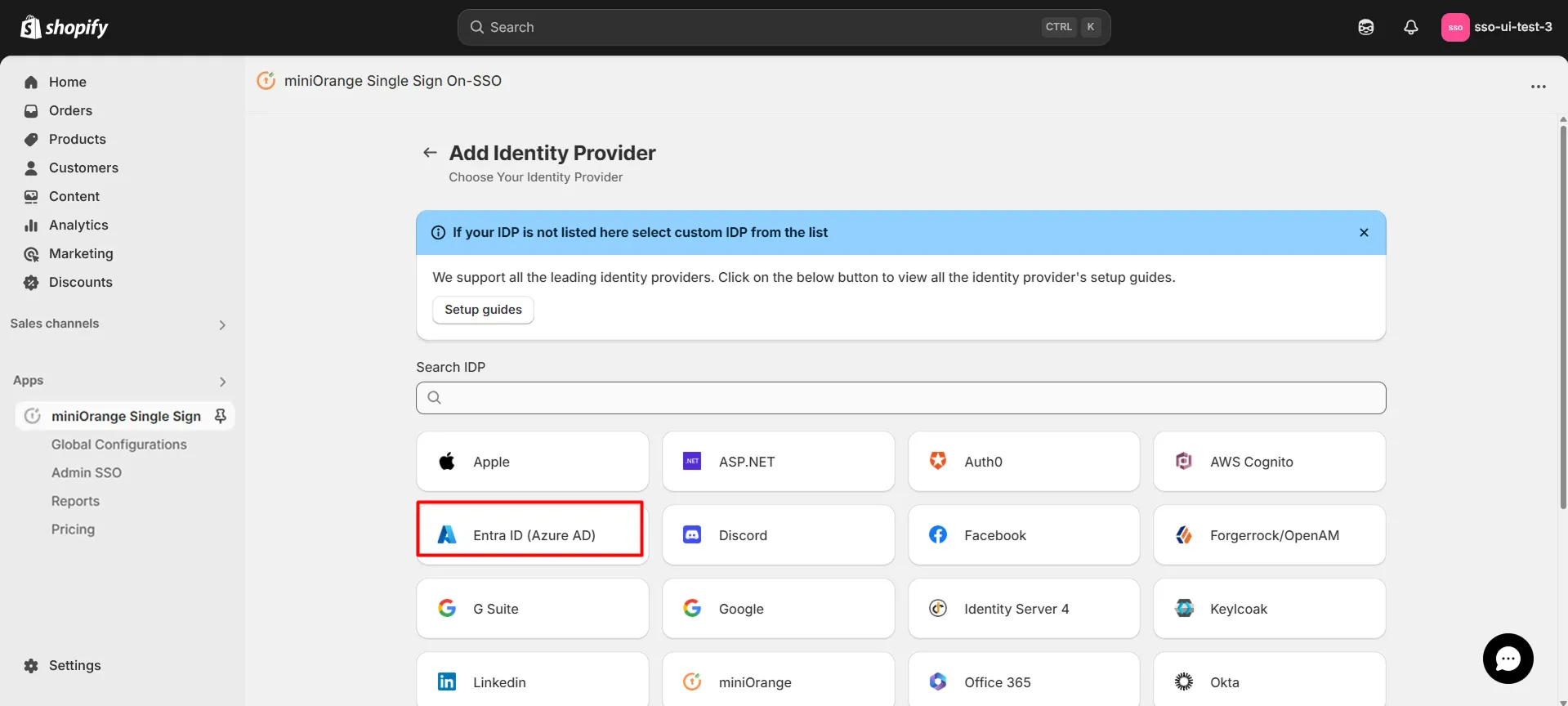 Shopify OAuth SSO using Microsoft Entra ID (Azure AD) - Choose Azure AD as IDP