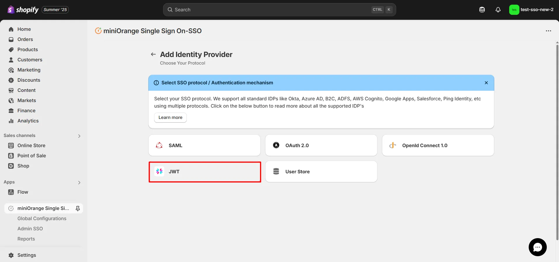 JWT Shopify SSO  - Shopify JWT SSO - Select JWT Protocol
