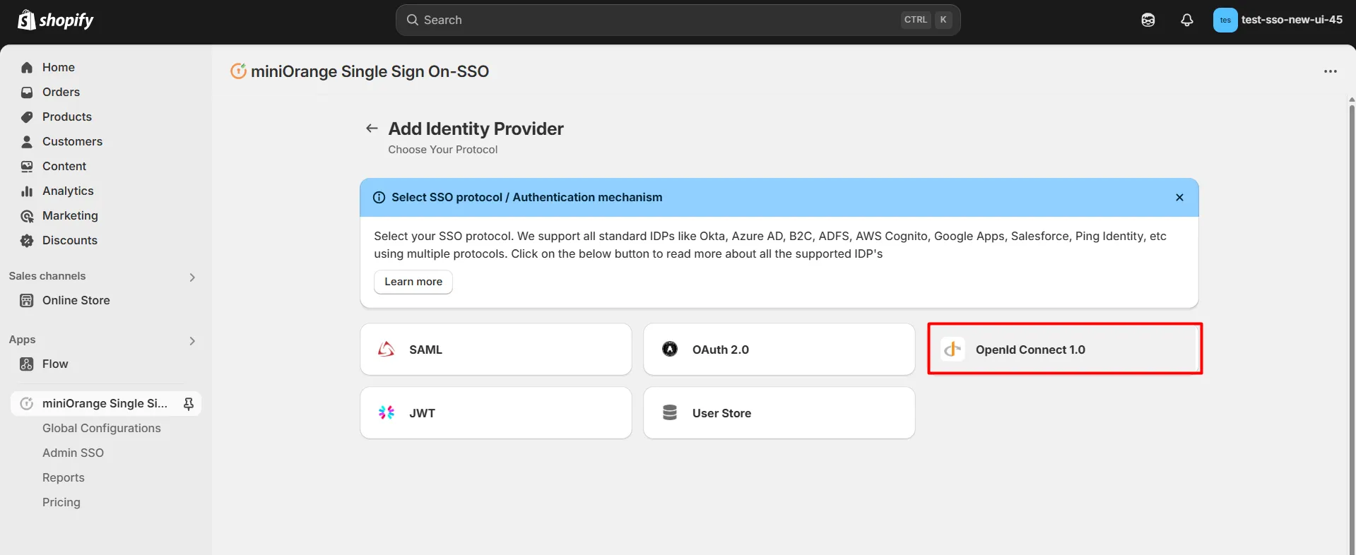 Shopify Apple SSO - Select OAuth 2.0 Protocol