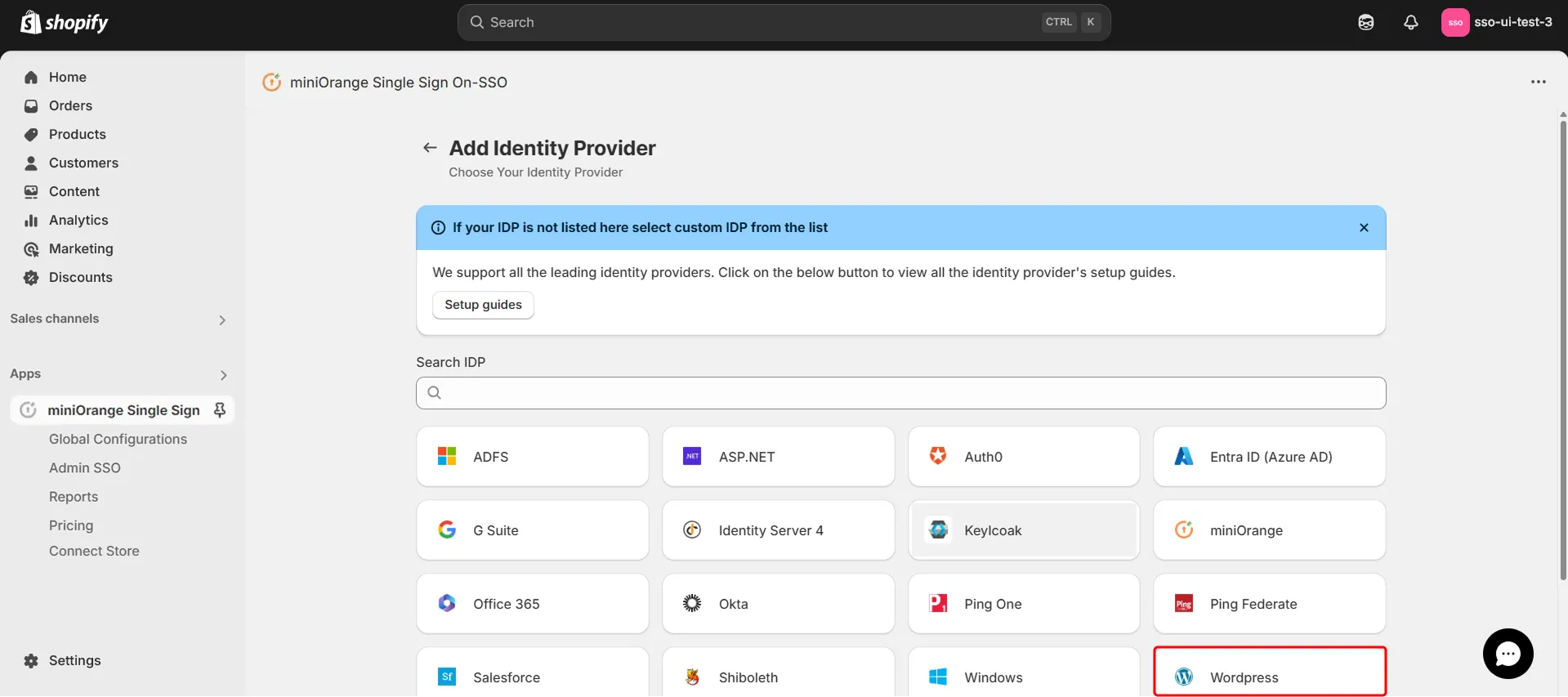 Shopify Wordpress SSO SAML - Select Wordpress IDP