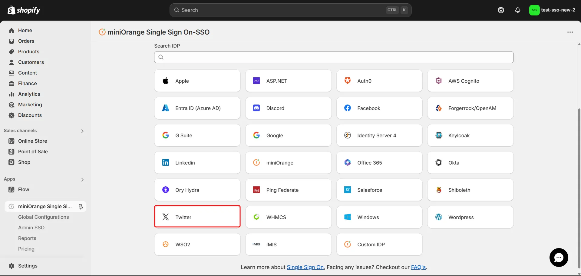 Shopify Twitter SSO - Choose Twitter as IDP