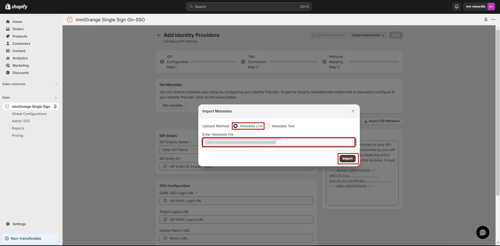 Shopify Wordpress SSO SAML - Upload IDP metadata in Shopify