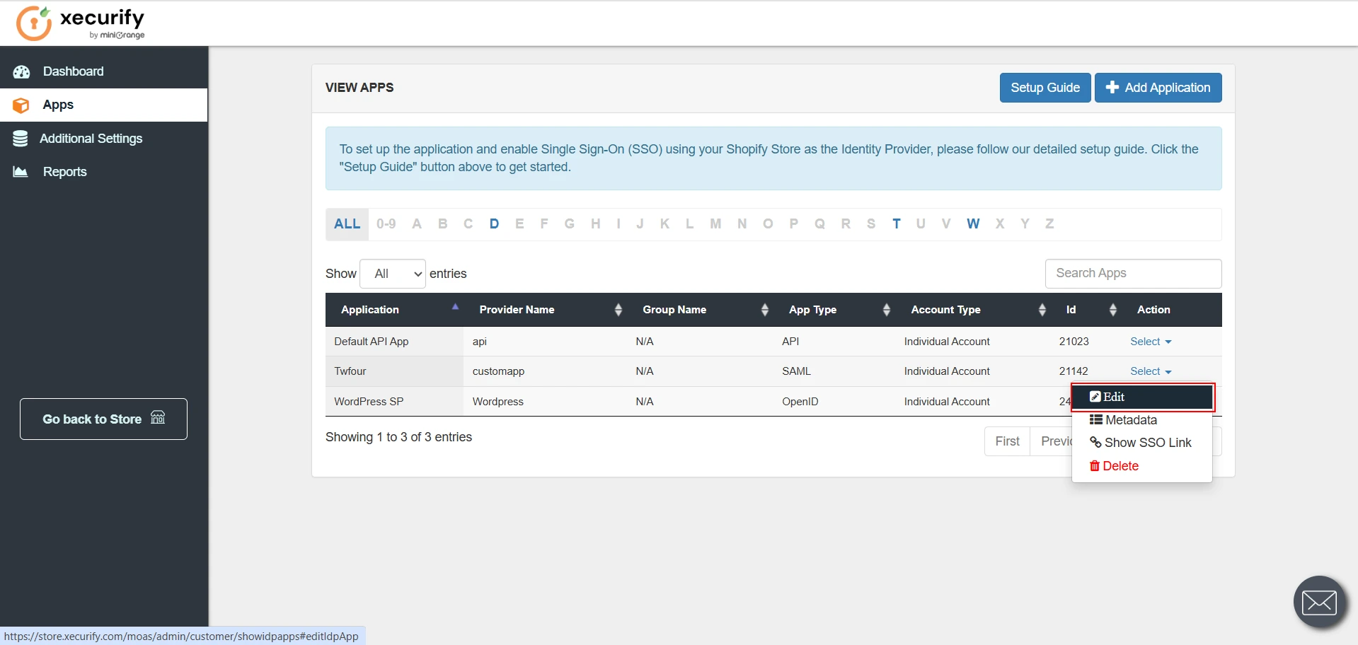SSO between Two Shopify Stores - Shopify as IDP - Click on Edit