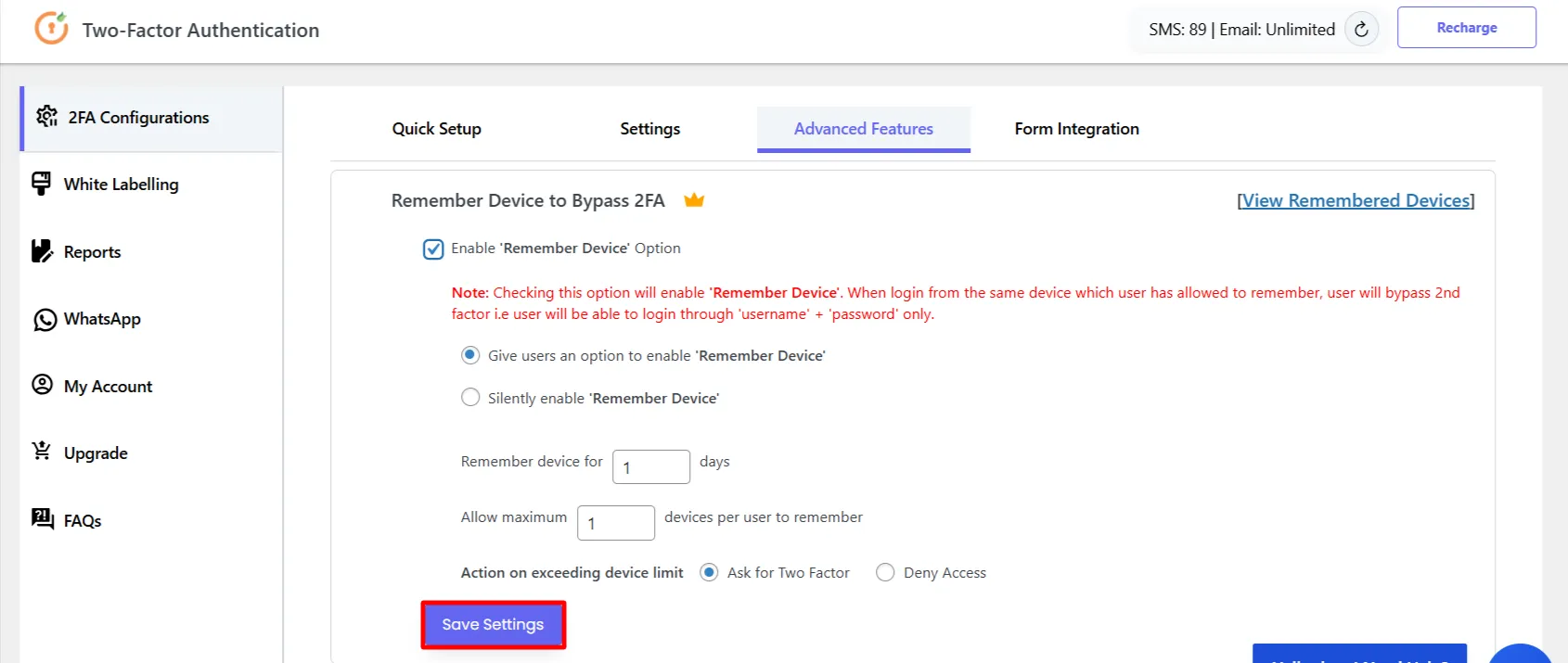 2FA Remember Device - click save settings