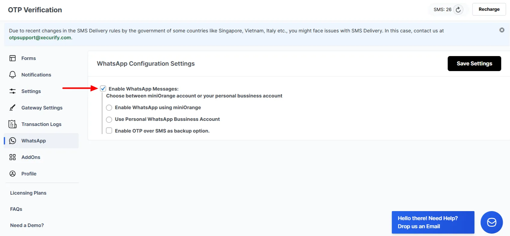 WhatsApp OTP Verification - Select checkbox enable WhatsApp Messages